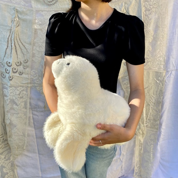 Retro White Baby Harp Seal Pup Stuffed Toy Plushie Large - Picture 7 of 10